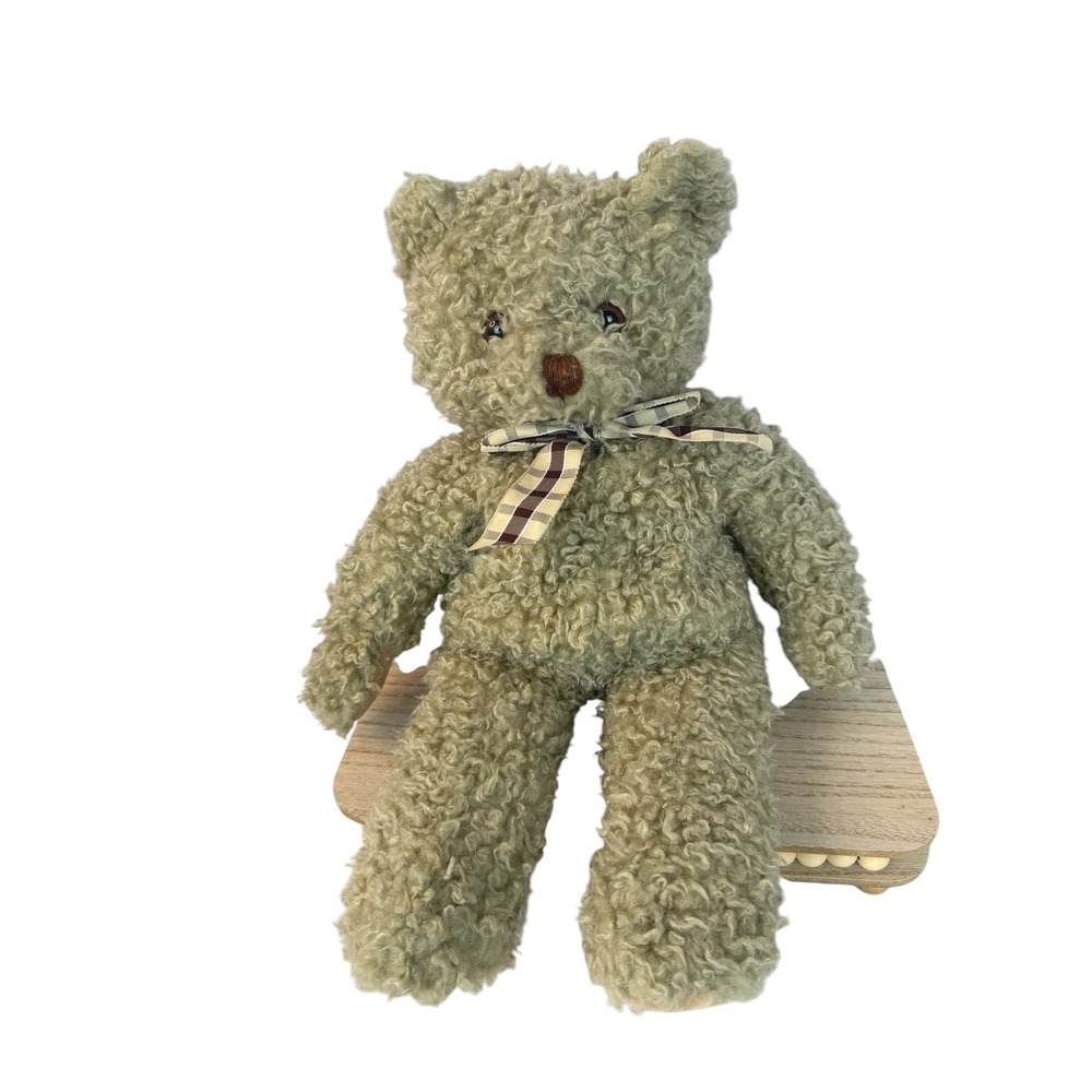 First & Main Teddy Bear 14' Plush Light Brown Curley Q Plaid Bow Stuffed Animal